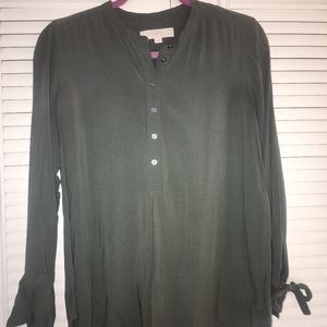 Loft Green Tie Sleeve Cuff Henley Tunic Blouse Top Small Petite